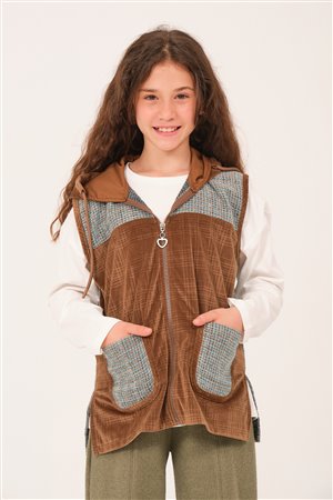 Young Girls’ Tweed Hooded Vest with Pocket Detail