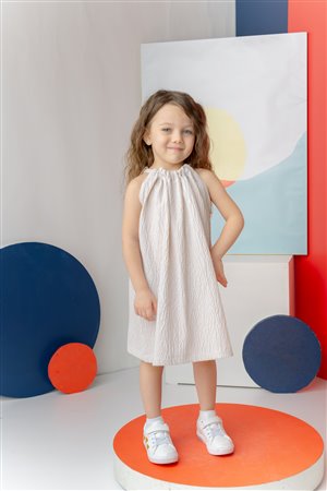 Girl'S Striped Waffle Dress With Bow At The Back